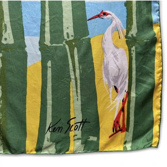 Vintage KEN SCOTT Silk Scarf  1970s "Animalia" Tiger Crane Bamboo‎ Print Flaws - Picture 6 of 13